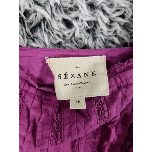 SEZANE Lexy Blouse Women SZ 36 US 4 Square Neck Ruffle Crochet Peasant Purple - Picture 7 of 12